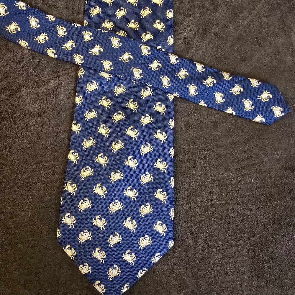 Tommy Hilfiger Silk Tie Mens Navy Blue Crab‎ Print Novelty Yellow Gold